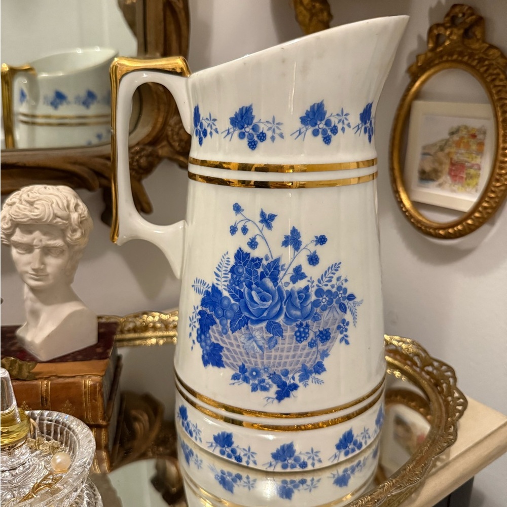 Vintage CMielow 1950s Polish Porcelain Pitcher, Blue Floral with Gold Accents